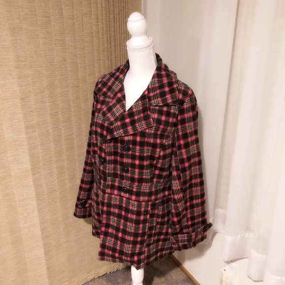 Black Lipstick Jackets & Blazers - Pink & Brown Plaid Plus Size Peacoat 2X